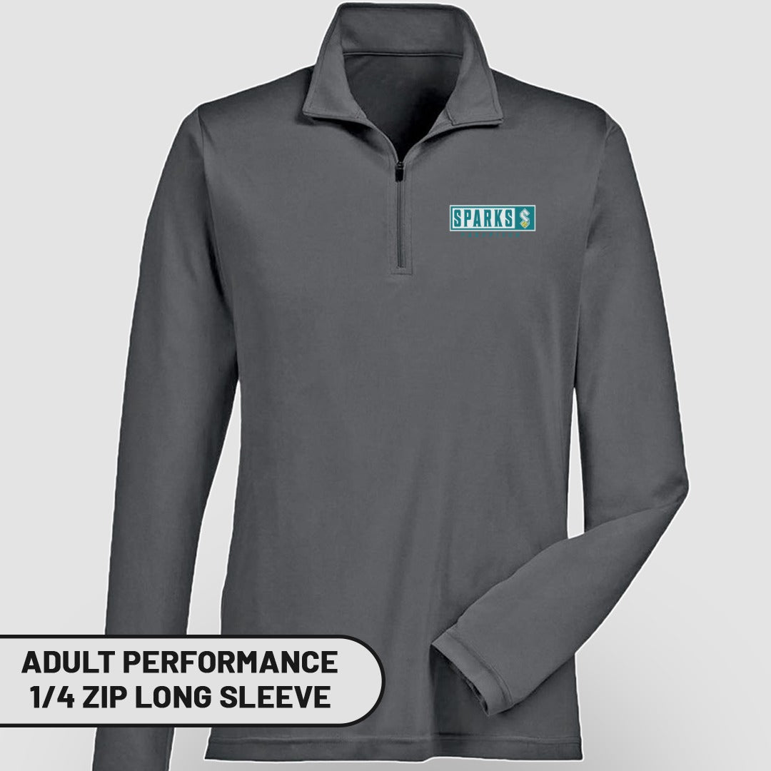 Dark gray adult performance 1/4 zip long sleeve shirt with "Sparks" logo.