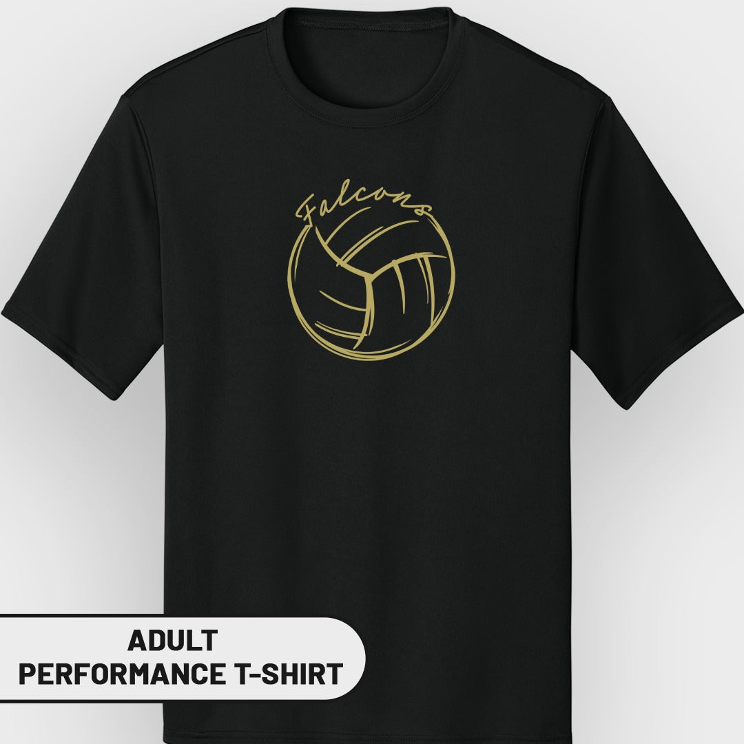 Black t-shirt with gold volleyball graphic and "Falcons" text, adult performance t-shirt.