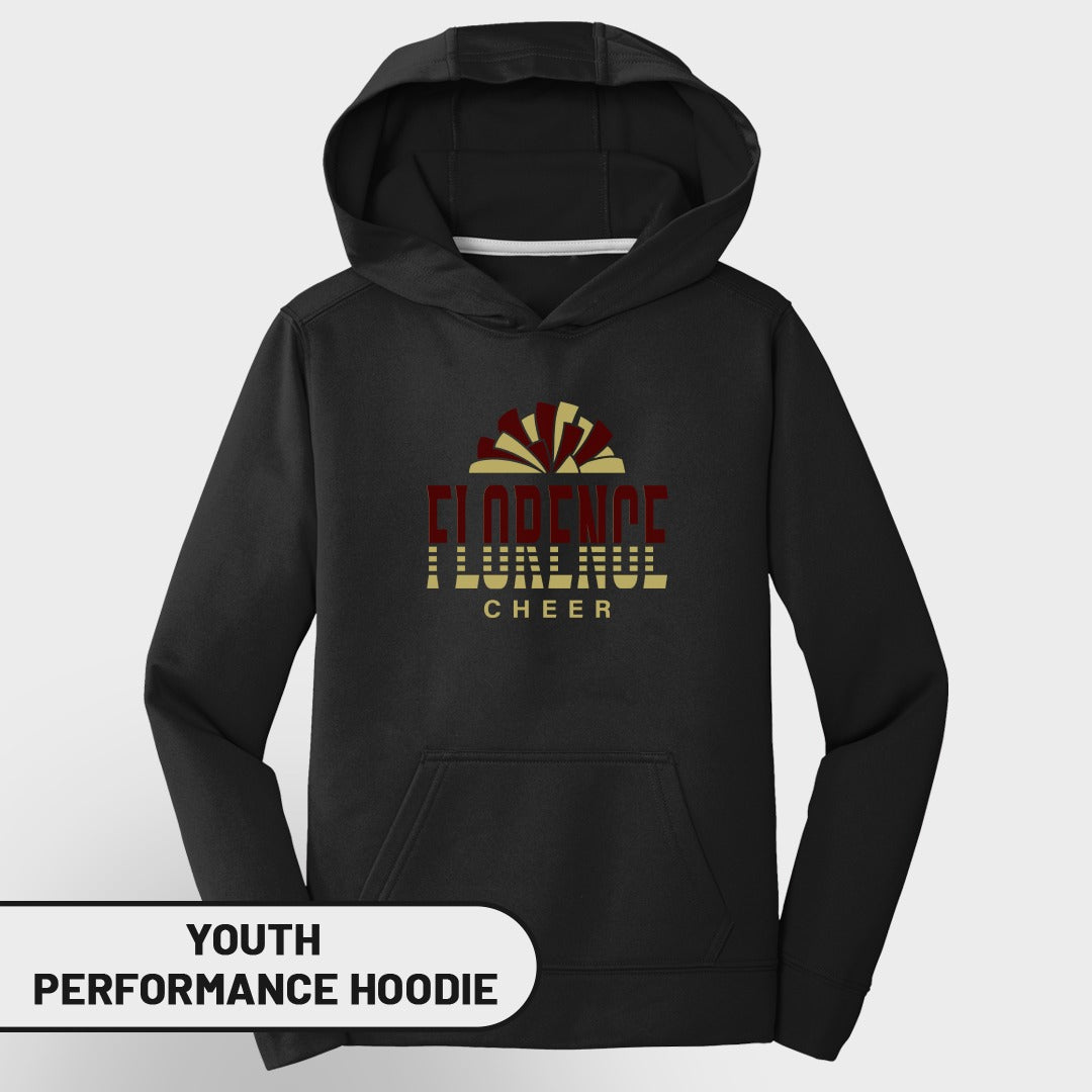 Black youth performance hoodie with "Florence Cheer" graphic and pom-pom design.