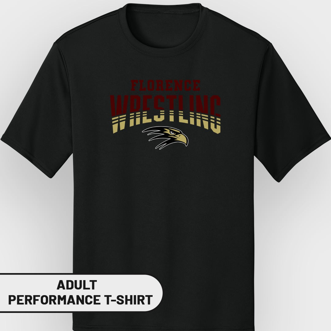 Black adult performance t-shirt with "Florence Wrestling" and eagle logo.