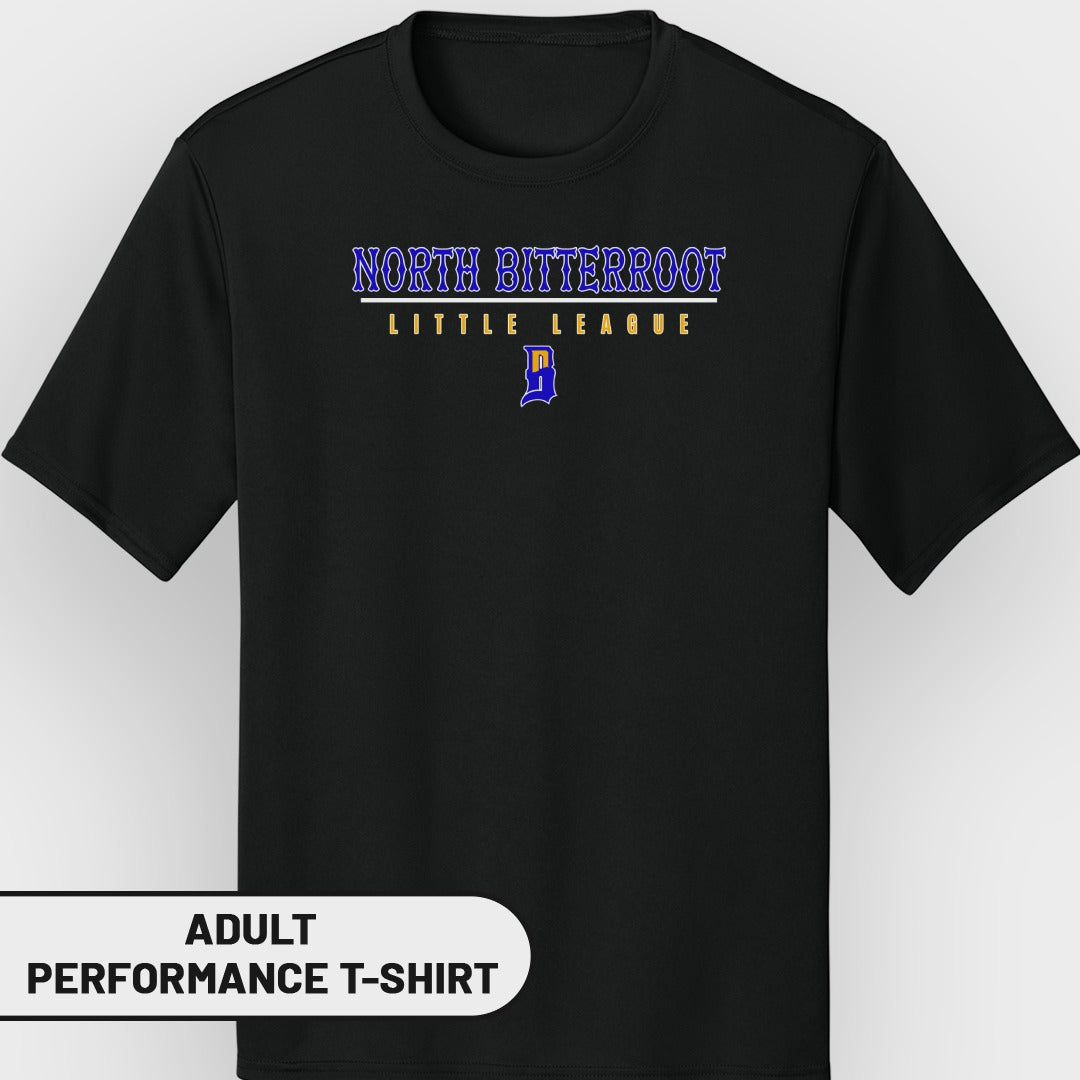 Black adult performance t-shirt with "North Bitterroot Little League" text.