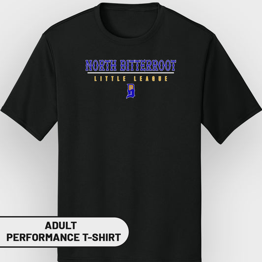 Black adult performance t-shirt with "North Bitterroot Little League" text.