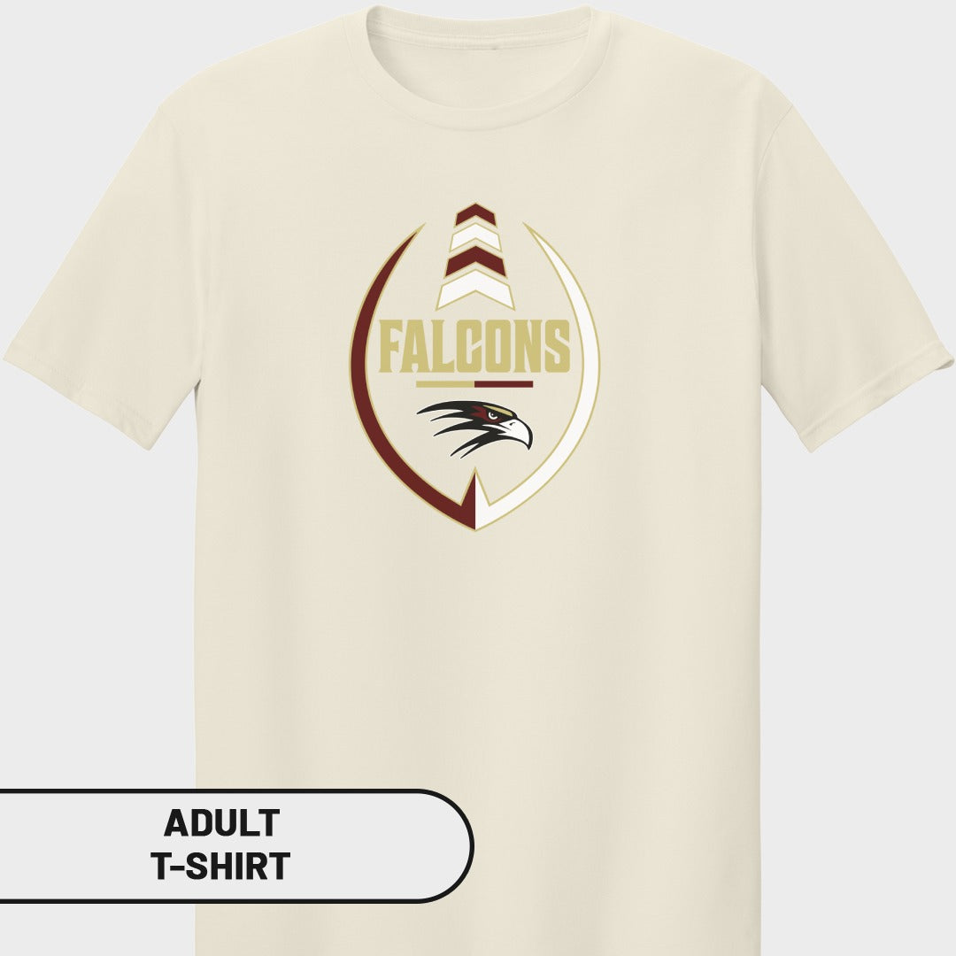 Cream t-shirt with a shield logo featuring the word FALCONS and a falcon's head.