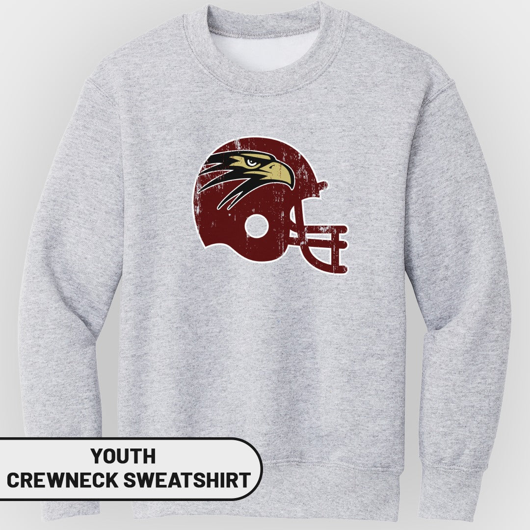 Youth crewneck sweatshirt with distressed maroon football helmet featuring an eagle head graphic.