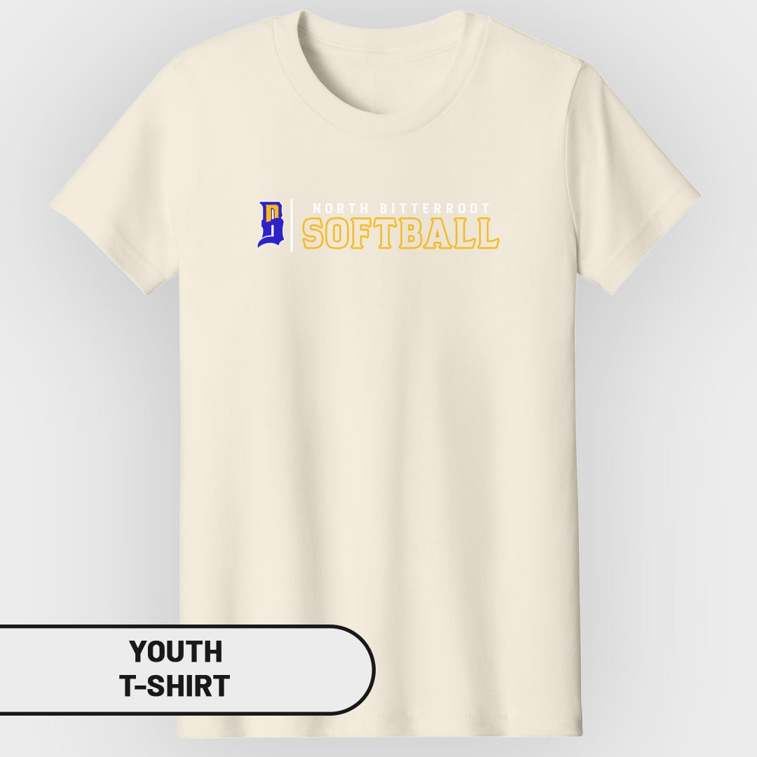 Cream youth t-shirt with "NORTH BITTERROOT SOFTBALL" text and blue logo.