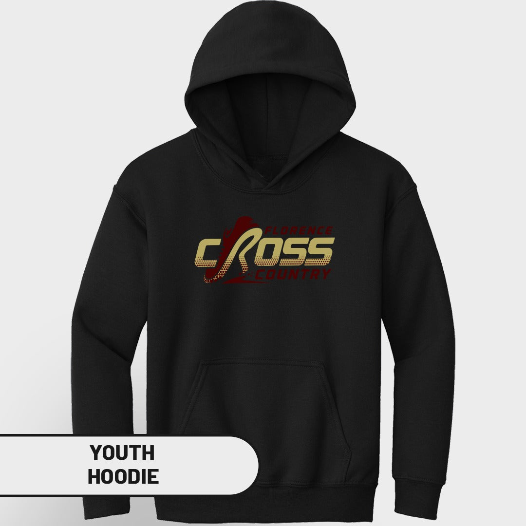 Black youth hoodie with "Florence Cross Country" graphic on chest.
