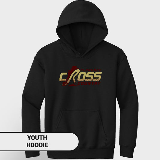 Black youth hoodie with "Florence Cross Country" graphic on chest.