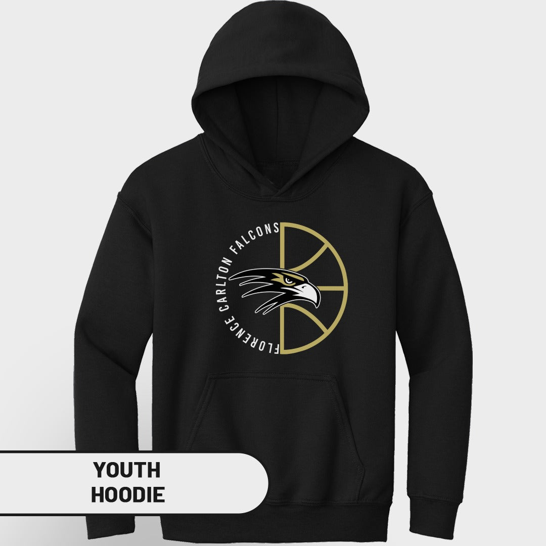 Black youth hoodie with "Carlton Falcons Florence" text and a falcon inside a basketball outline.