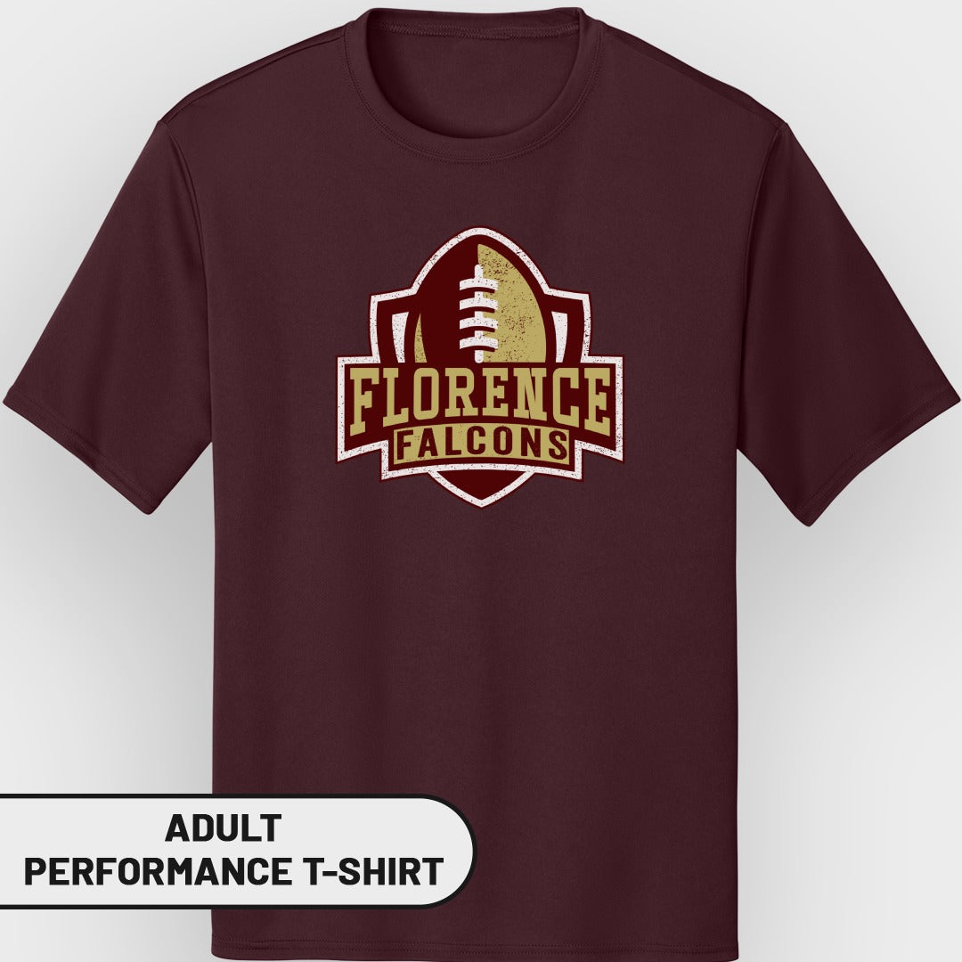 Maroon adult performance t-shirt with Florence Falcons football logo.