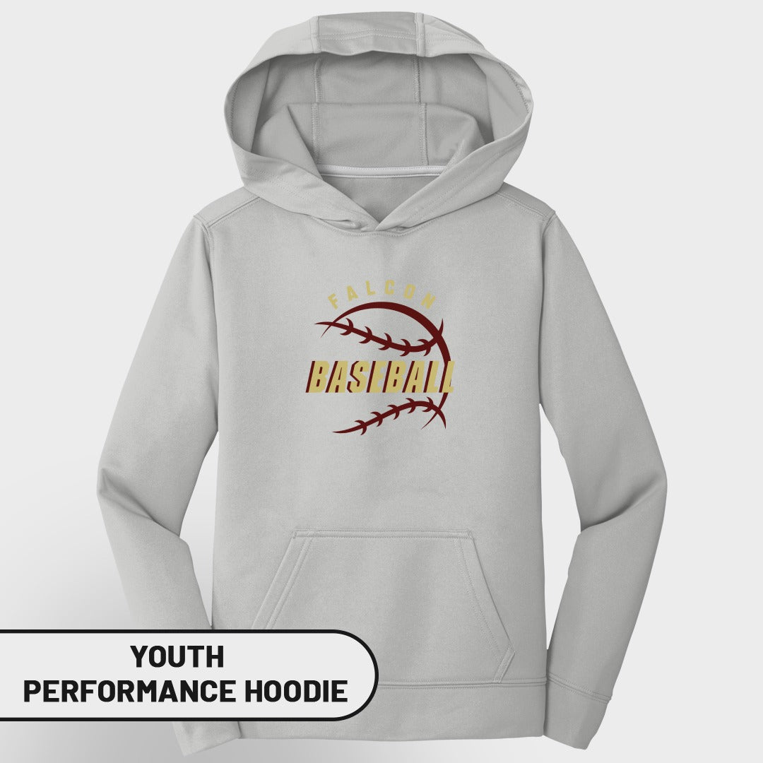 Light grey youth performance hoodie with "FALCON BASEBALL" graphic on chest.