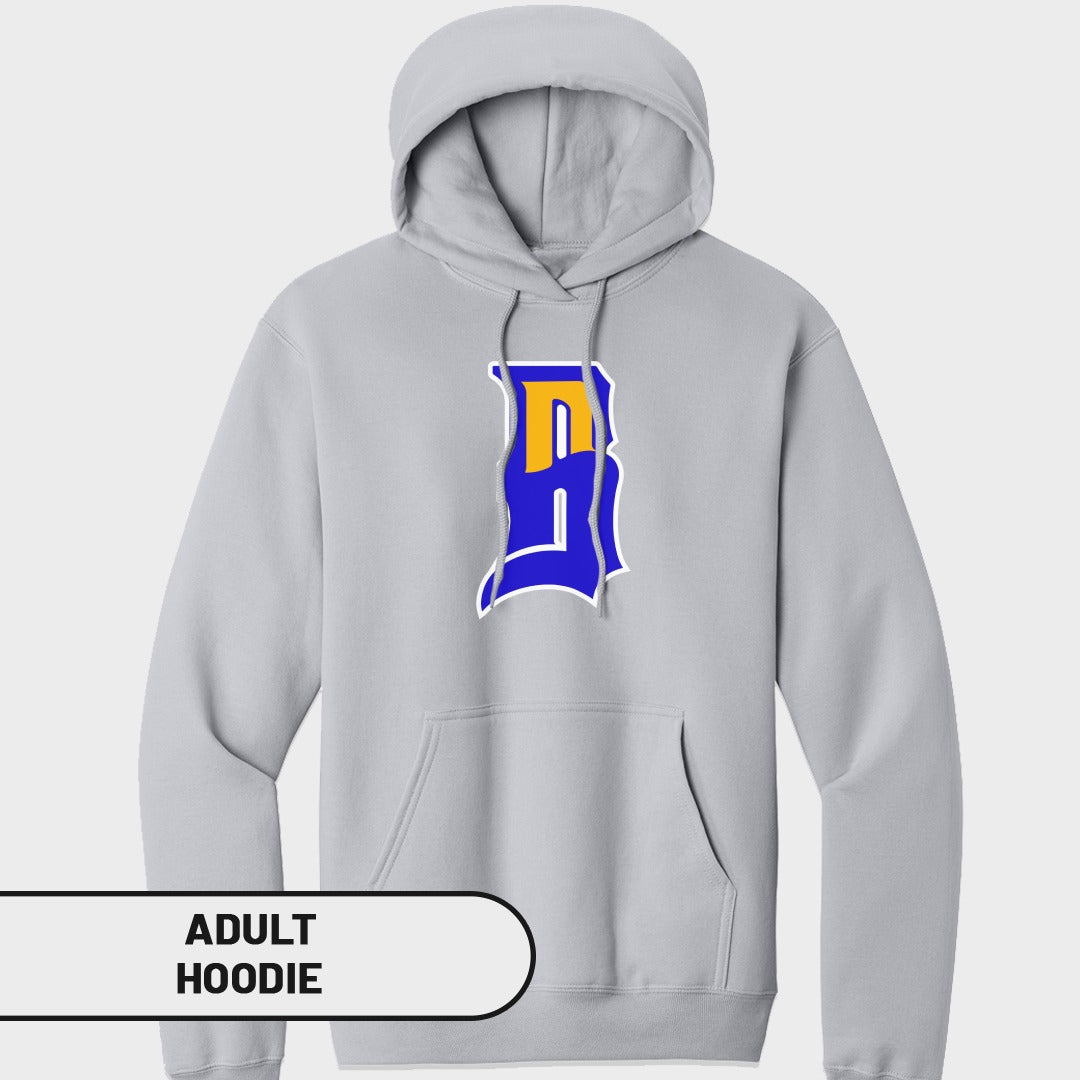 Light gray hoodie with blue and yellow 'D' logo and "ADULT HOODIE" label.