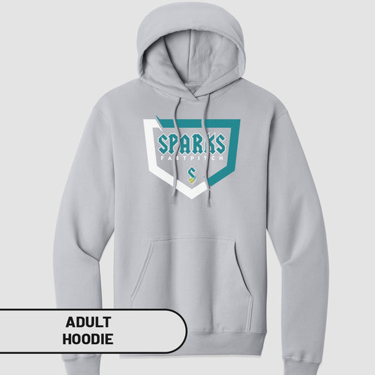 Grey hoodie with "Sparks Fastpitch" logo and "Adult Hoodie" text.