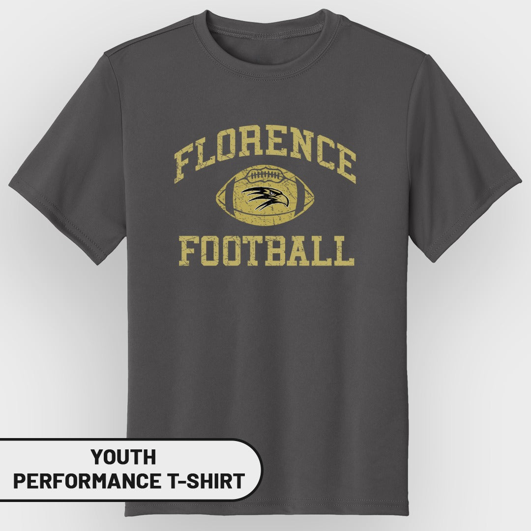 Dark gray youth performance t-shirt with "Florence Football" text and football graphic.