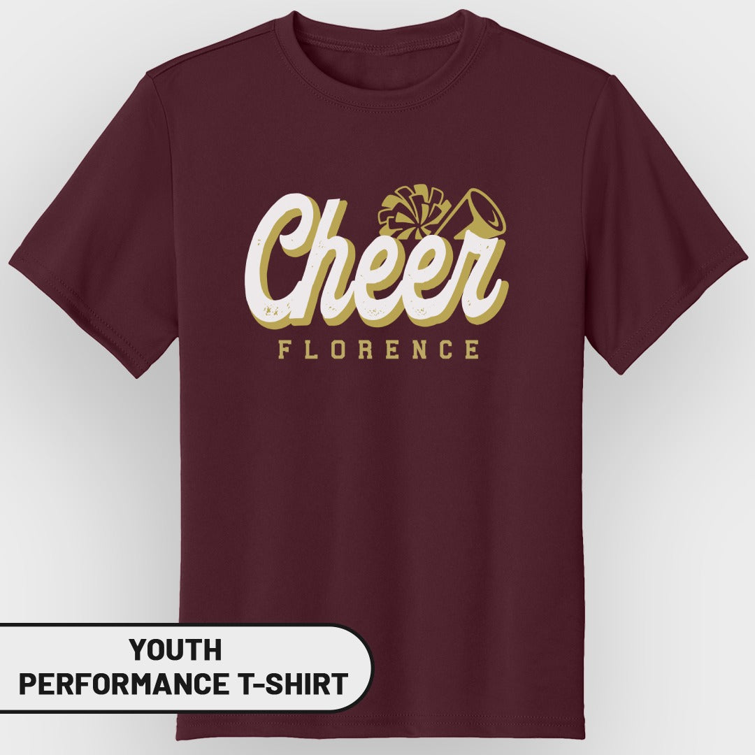Maroon youth performance t-shirt with "Cheer Florence" text and megaphone graphic.