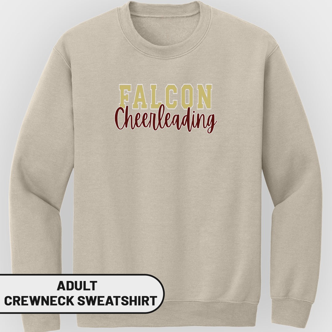 Adult crewneck sweatshirt with "FALCON Cheerleading" printed on it.
