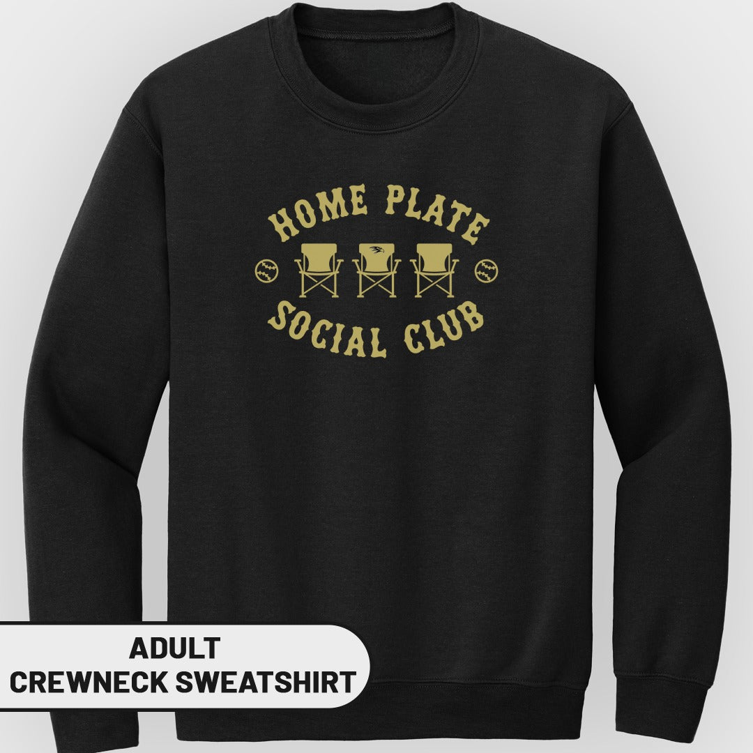 Black adult crewneck sweatshirt with "Home Plate Social Club" and three chairs.