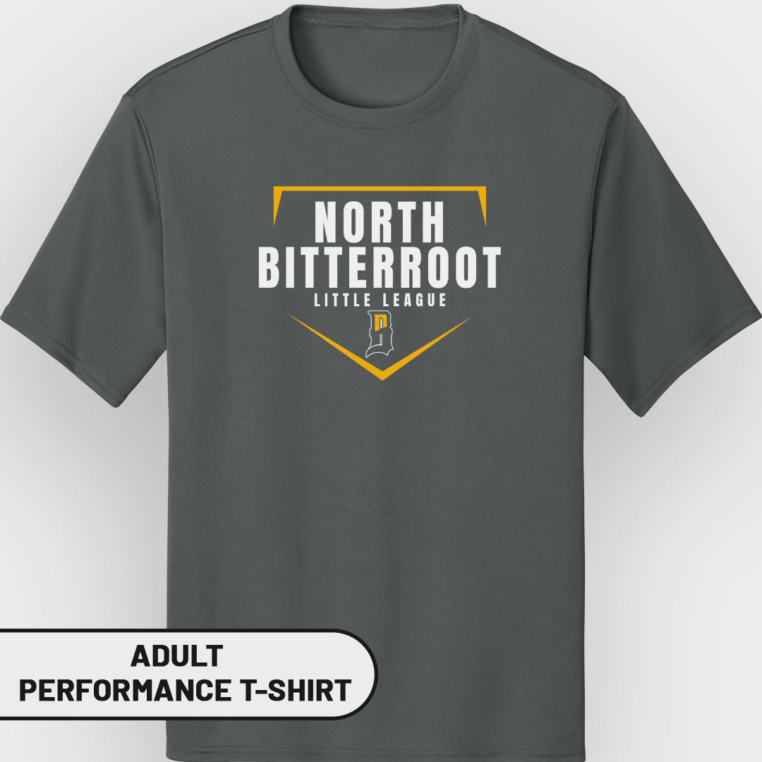 Gray adult performance t-shirt with "North Bitterroot Little League" logo.