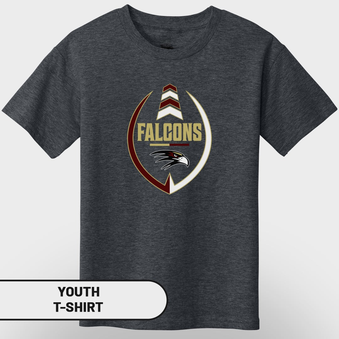 Dark grey youth t-shirt with "FALCONS" text and falcon head logo.