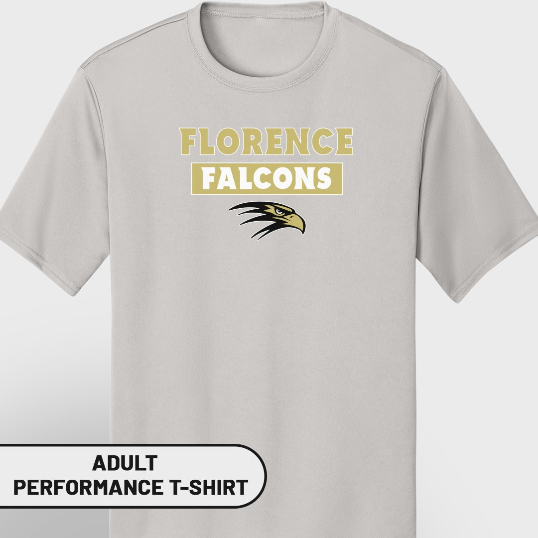 Light gray adult performance t-shirt with "FLORENCE FALCONS" and falcon graphic.