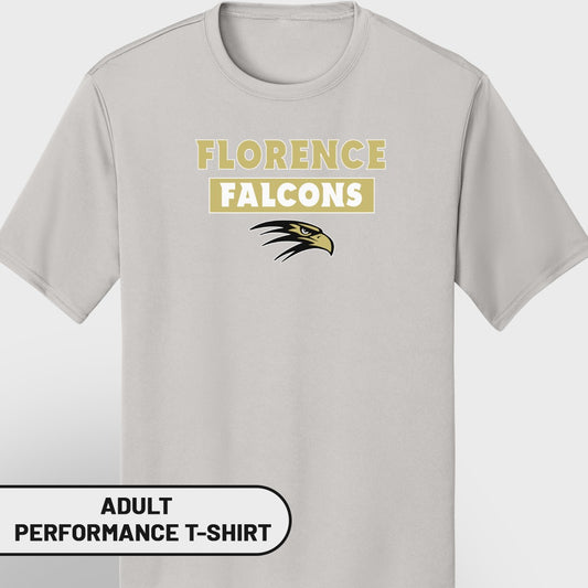 Light gray adult performance t-shirt with "FLORENCE FALCONS" and falcon graphic.
