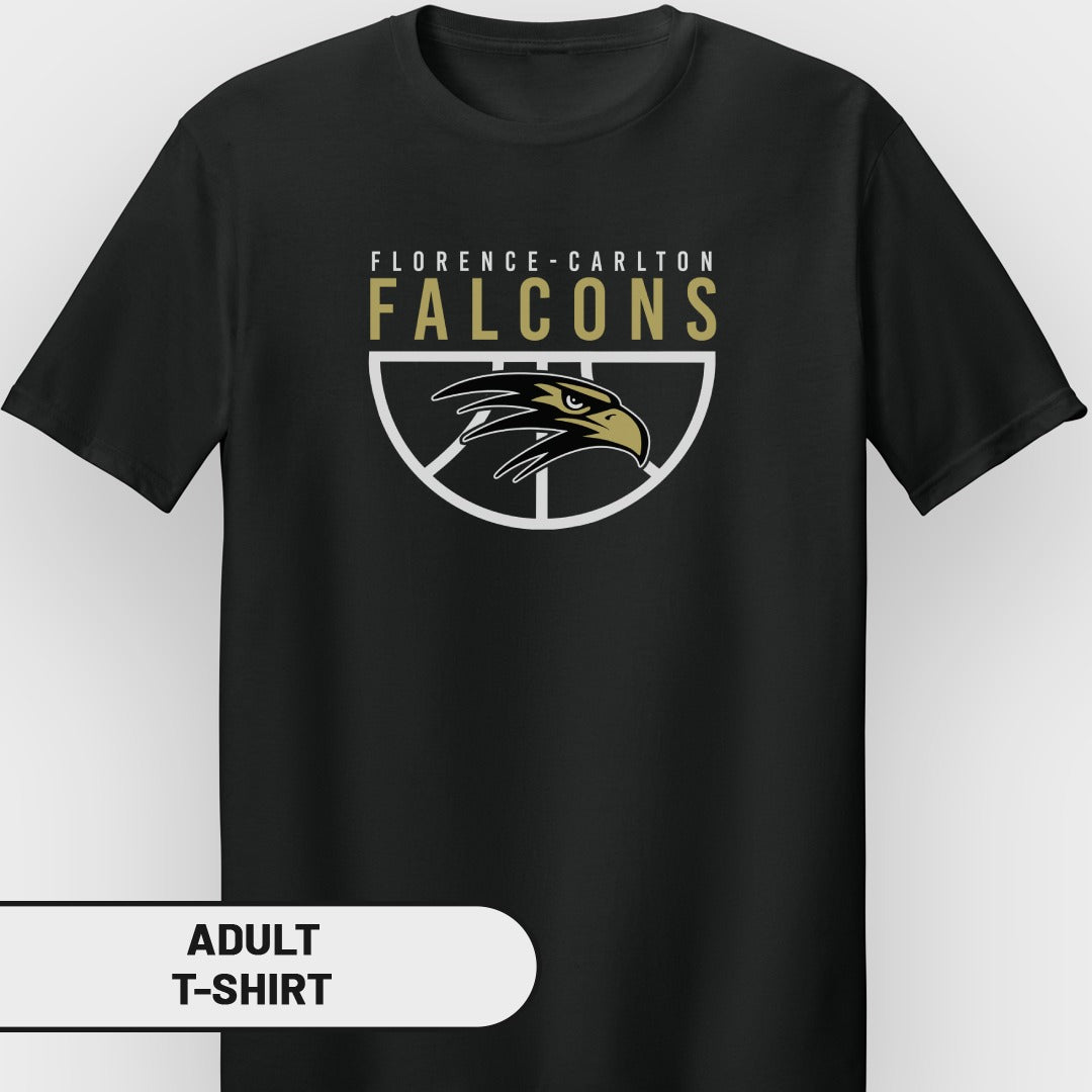 Black t-shirt with Florence-Carlton Falcons logo featuring an eagle head and basketball.