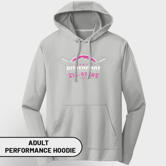 Light gray adult performance hoodie with "Bittersweet All-Stars" logo.