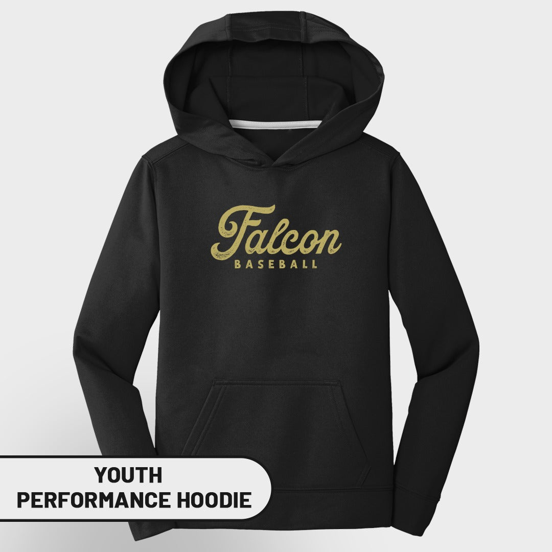 Black youth performance hoodie with gold "Falcon Baseball" graphic.