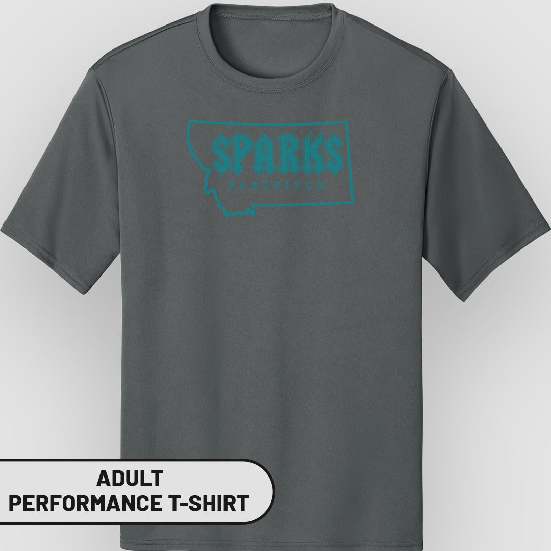 Gray adult performance t-shirt with "SPARKS" logo in teal outline over Montana shape.