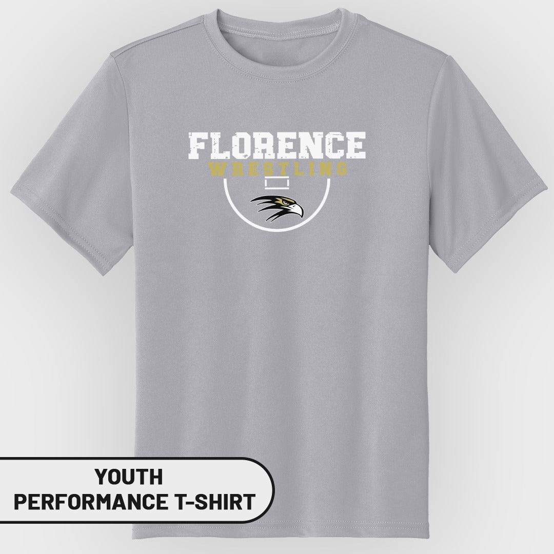 Gray youth performance t-shirt with "Florence Wrestling" and an eagle logo.