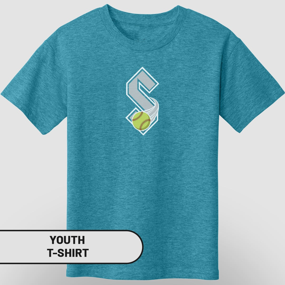 Youth t-shirt with a grey 'S' logo and a green softball with motion lines.