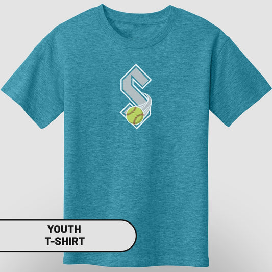 Youth t-shirt with a grey 'S' logo and a green softball with motion lines.