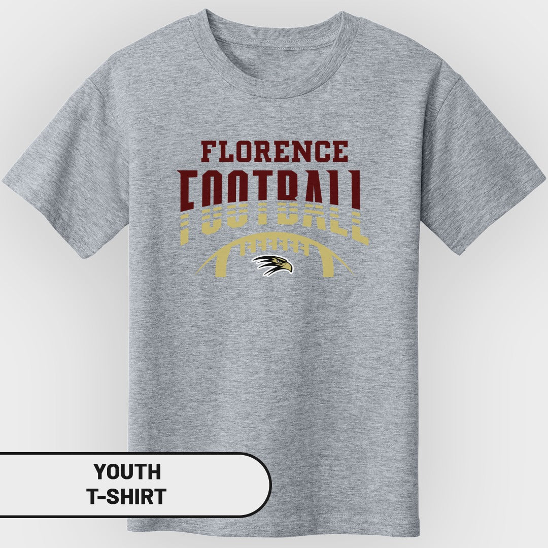 Grey youth t-shirt with "Florence Football" text and eagle logo.