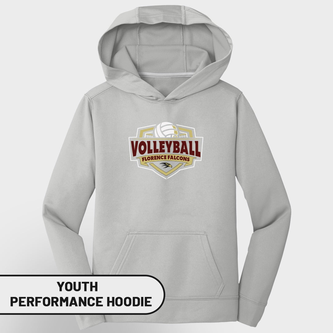 Light grey youth performance hoodie with volleyball and Florence Falcons logo.