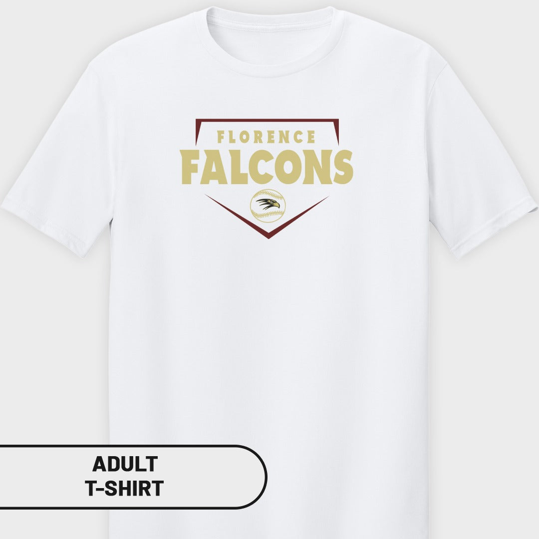 White adult t-shirt with Florence Falcons logo and baseball graphic.