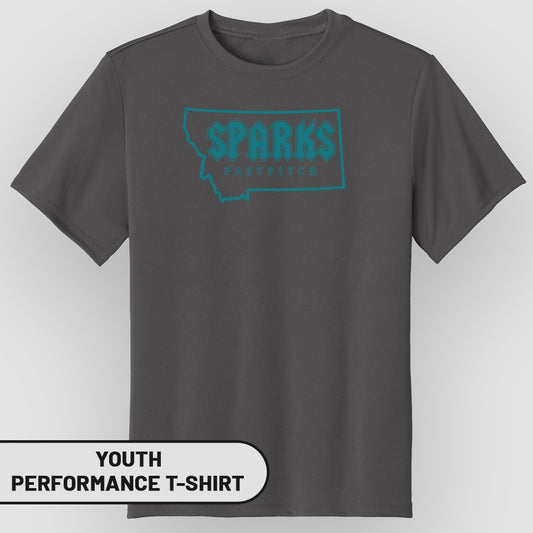 Youth Sparks Fastpitch Montana performance t-shirt in dark grey.