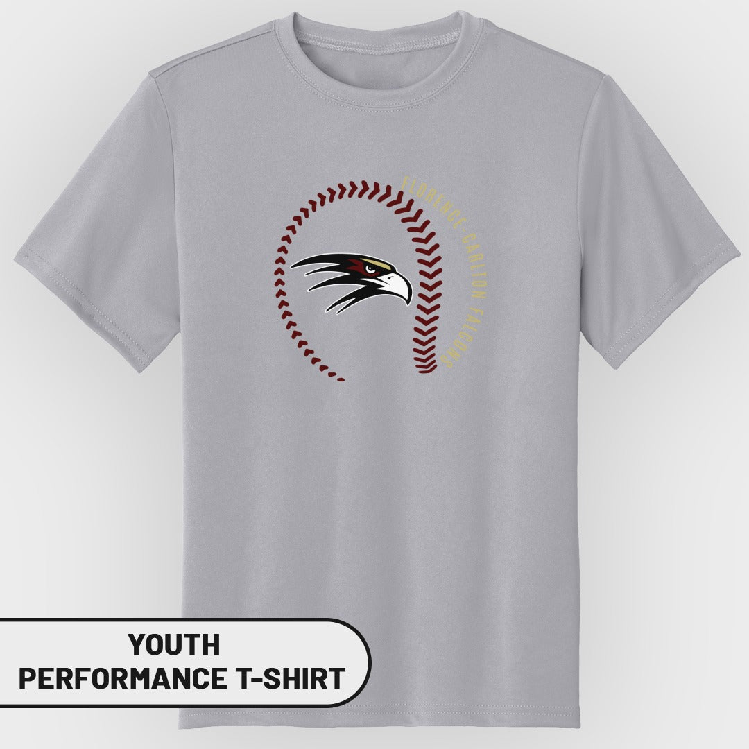 Grey youth performance t-shirt with baseball and falcon logo.
