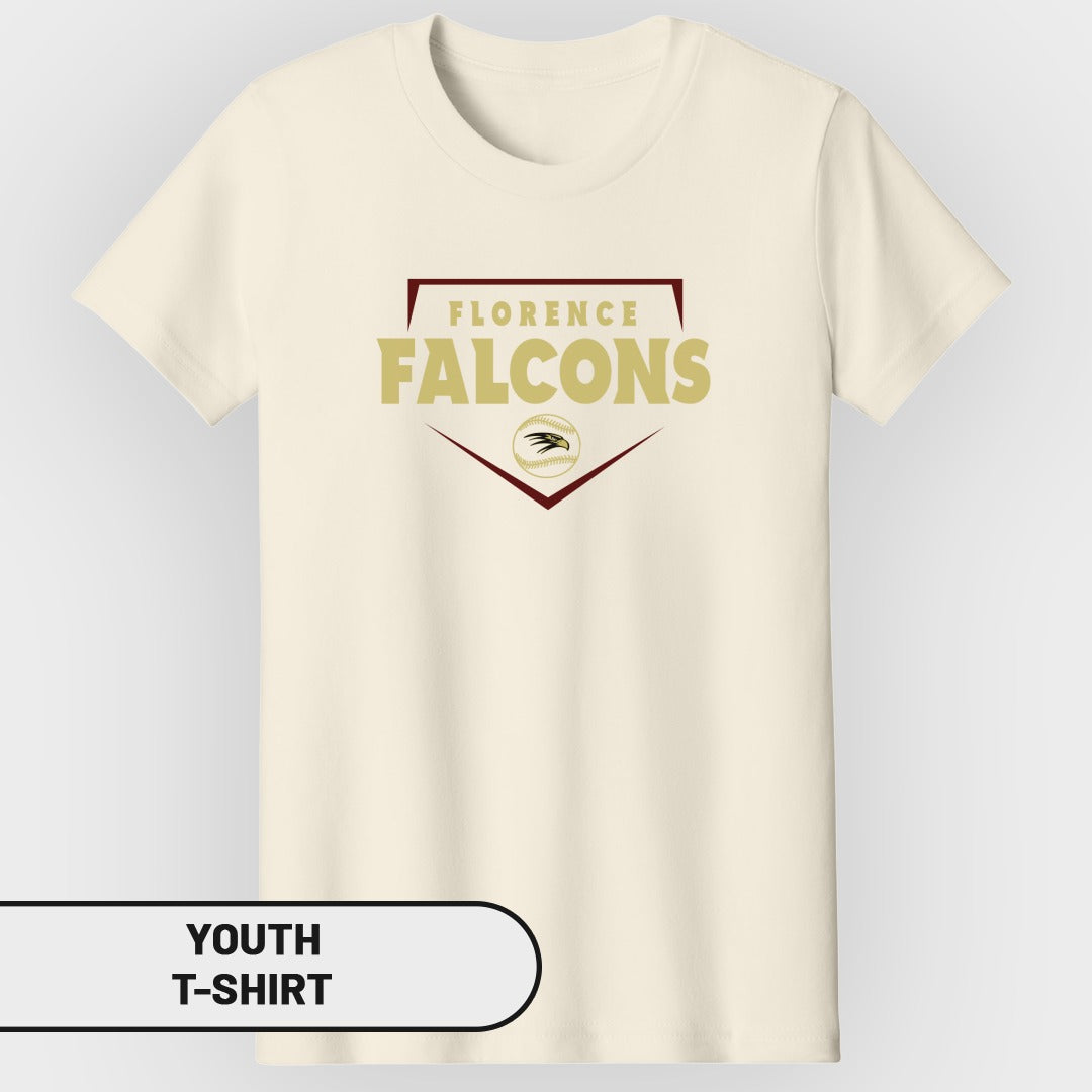 Cream youth t-shirt with "Florence Falcons" baseball team logo.