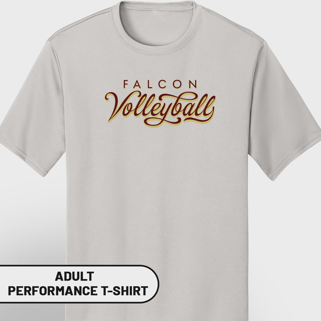 Light gray t-shirt with "FALCON Volleyball" text and "Adult Performance T-Shirt" label.