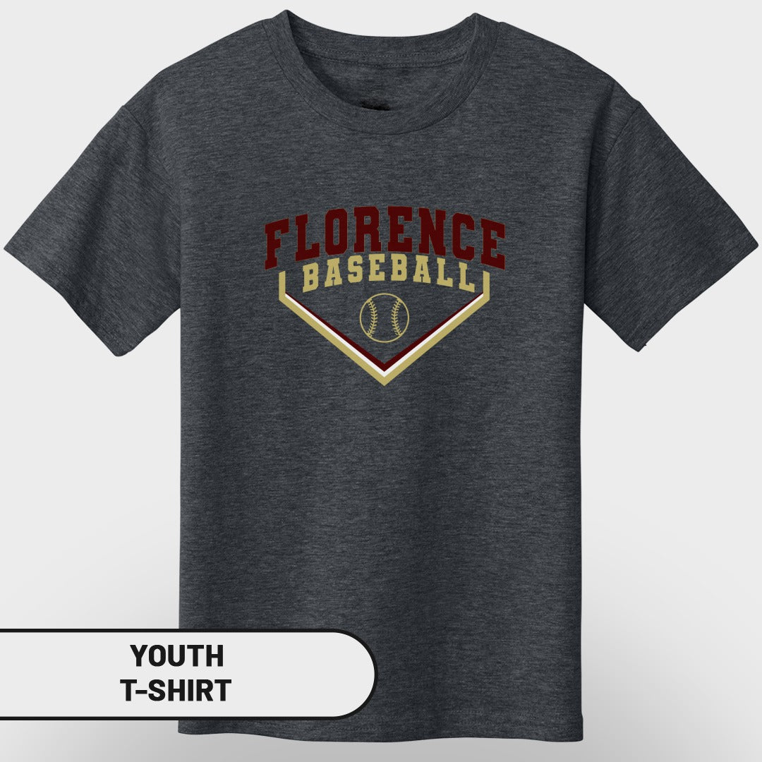 Youth t-shirt with "Florence Baseball" and baseball graphic on dark grey.