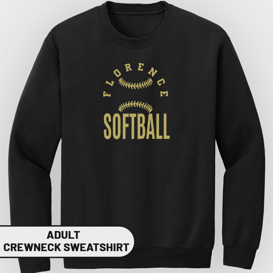 Black adult crewneck sweatshirt with "Florence Softball" and baseball graphics.