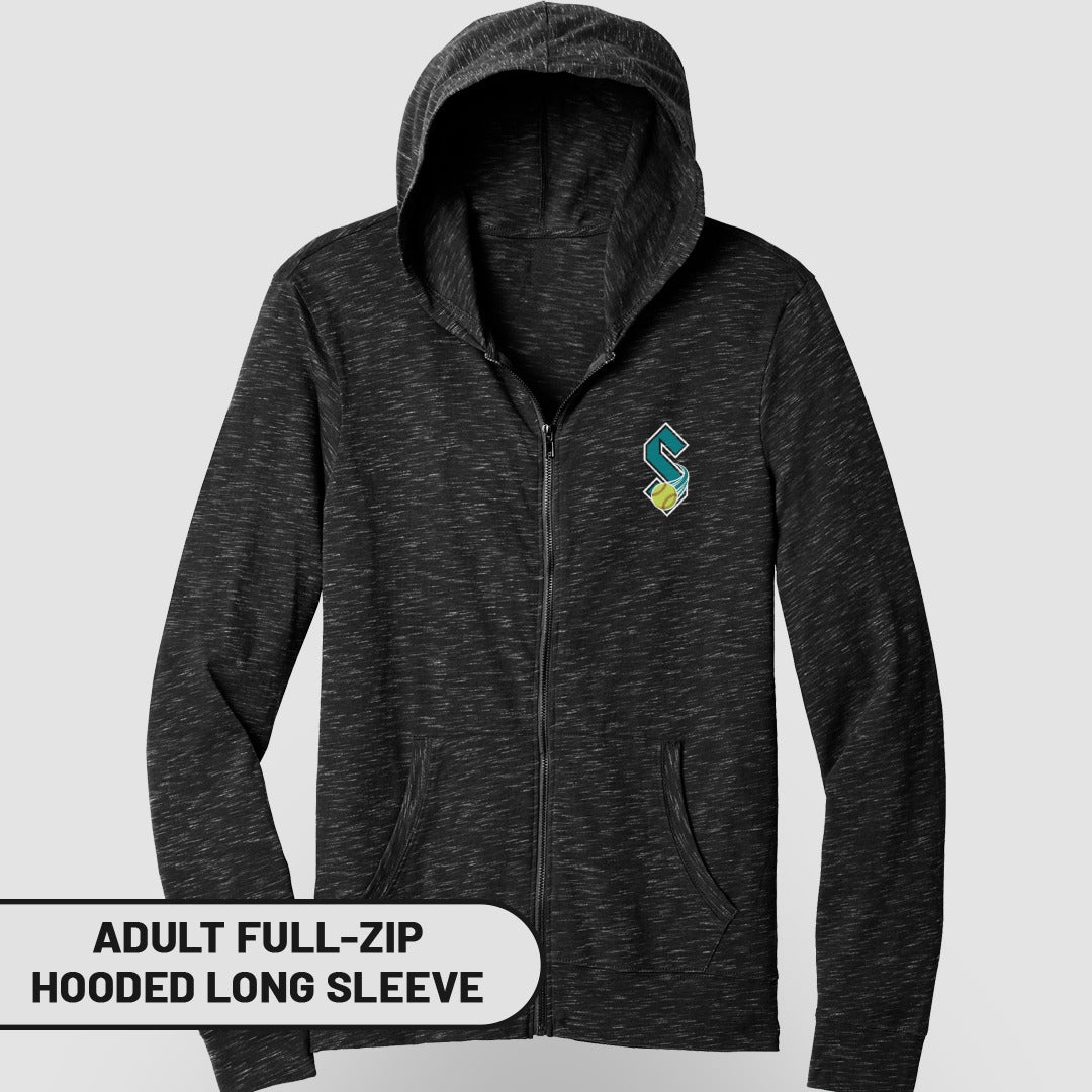 Adult full-zip hooded long sleeve shirt with a colorful logo.