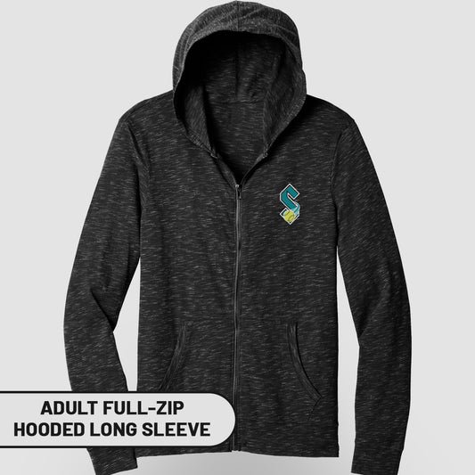 Adult full-zip hooded long sleeve shirt with a colorful logo.