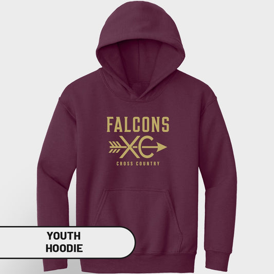 Maroon youth hoodie with gold "FALCONS XC CROSS COUNTRY" graphic.