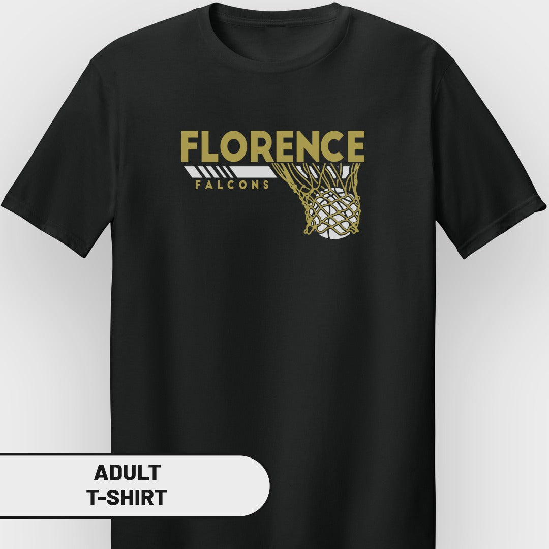 Black t-shirt with "FLORENCE FALCONS" text and a basketball in a net graphic.