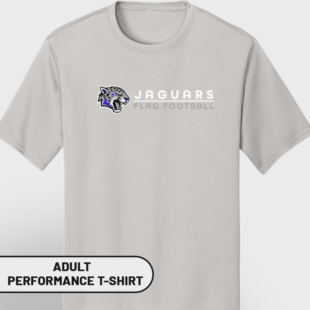 Light grey performance t-shirt with "JAGUARS FLAG FOOTBALL" and jaguar logo.