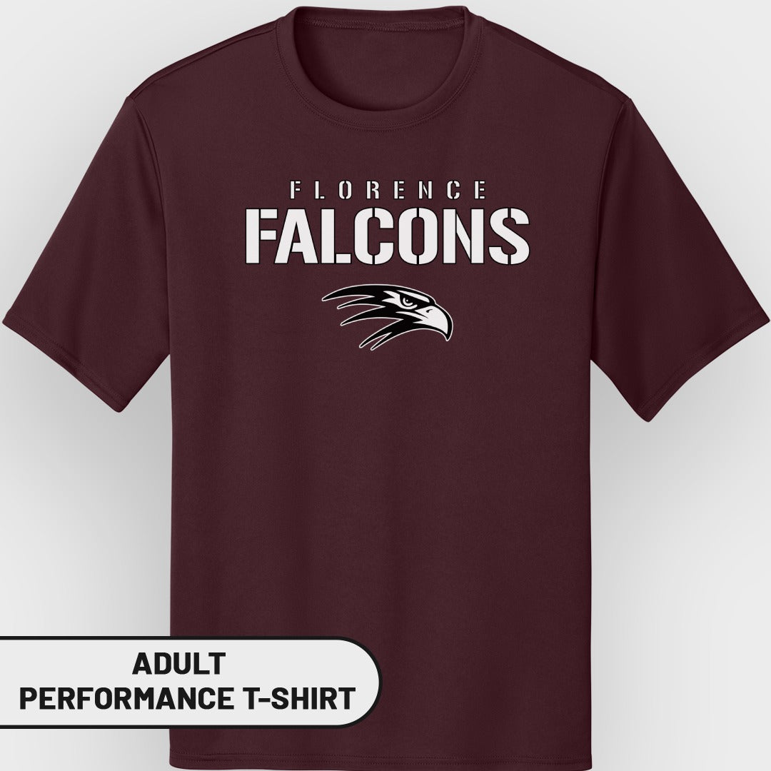 Maroon adult performance t-shirt with white "Florence Falcons" text and eagle logo.