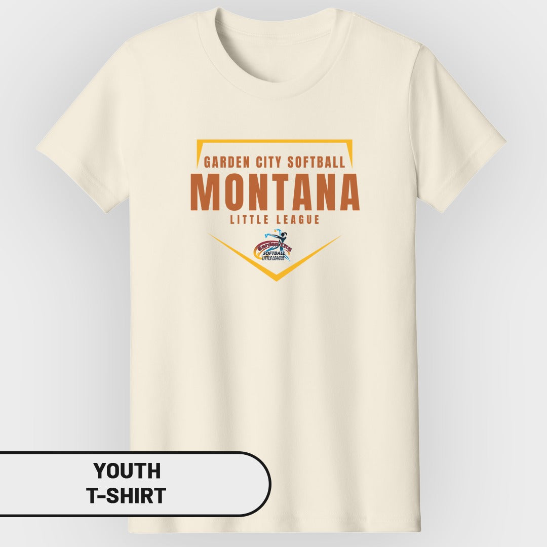 Cream youth t-shirt with "Garden City Softball Montana Little League" text and logo.