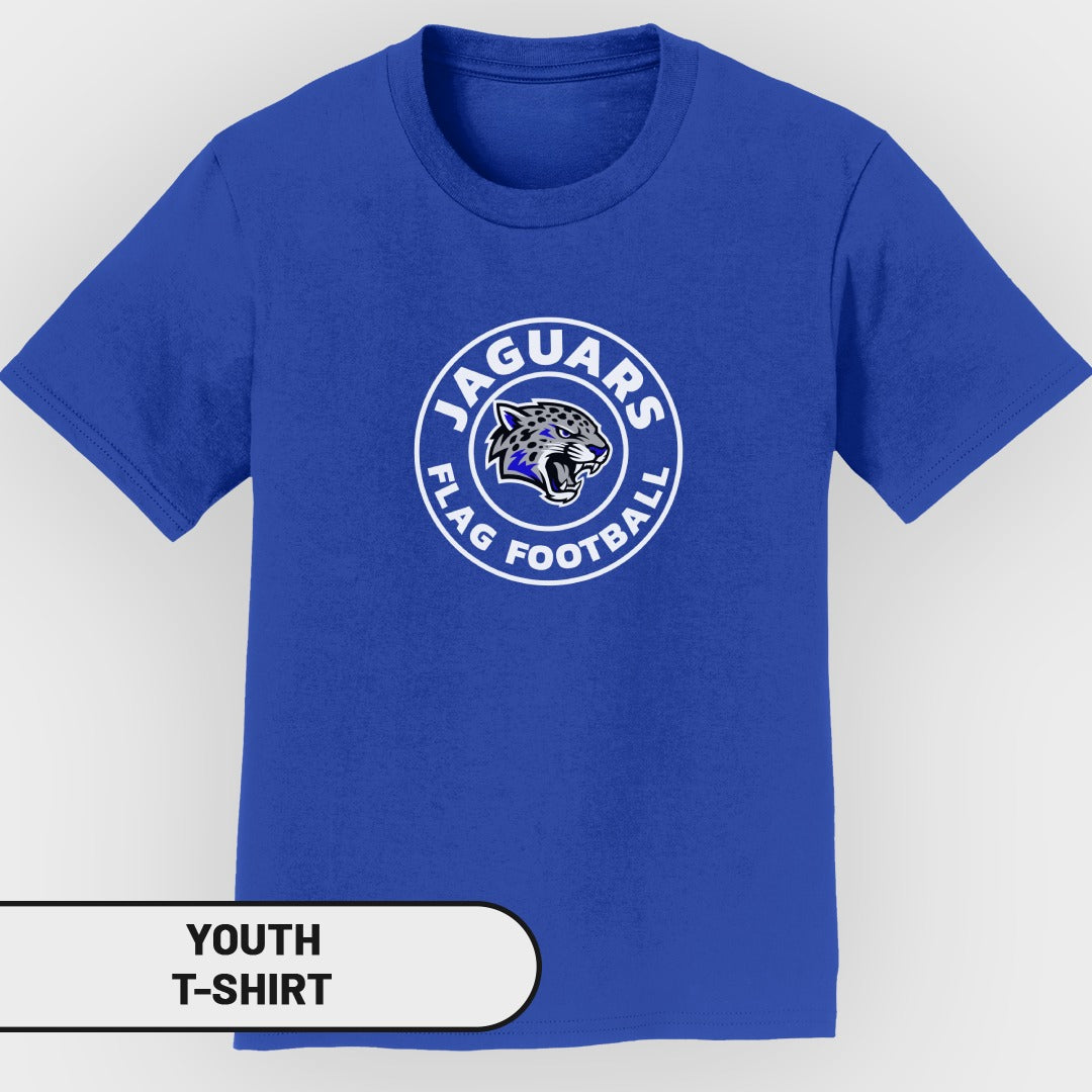 Youth t-shirt with "JAGUARS FLAG FOOTBALL" logo featuring a jaguar head.