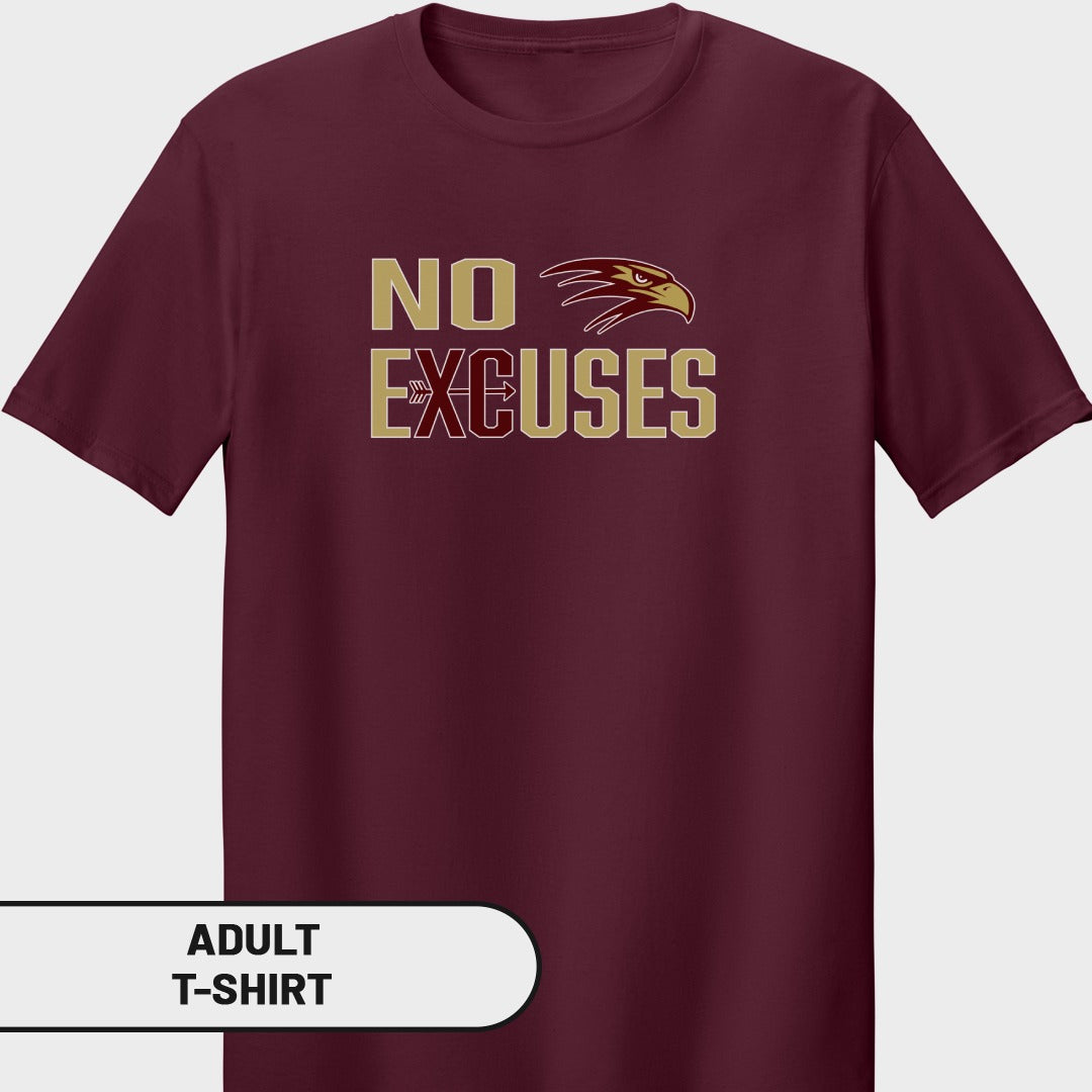 Maroon adult t-shirt with gold and maroon "NO EXCUSES" text and hawk graphic.