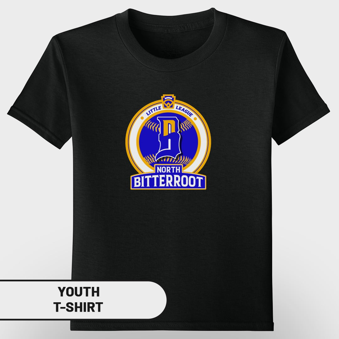 Black youth t-shirt with Little League North Bitterroot logo.